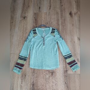 Sundance Embroidered Crochet Boho Mint Green Southwestern Long Sleeve Top XS NWT